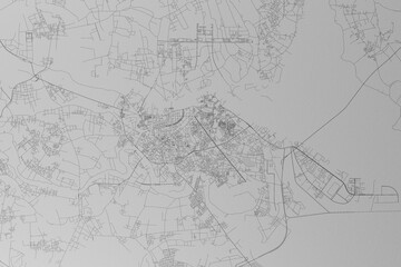 Map of the streets of Haifon (Vietnam) made with black lines on grey paper. Top view. 3d render, illustration