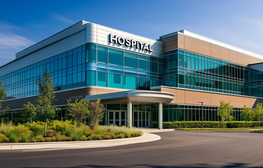 Obraz premium Modern hospital building with glass facade and landscaping
