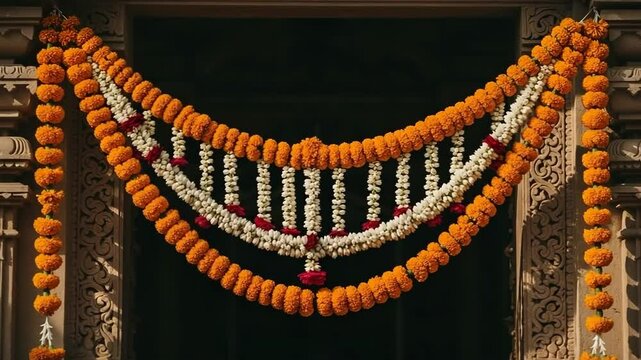Festive flower garland with marigolds and jasmine. Orange and white floral decoration adorns entrance.  Beautiful garland perfect for wedding, religious ceremony, or Diwali celebration. 