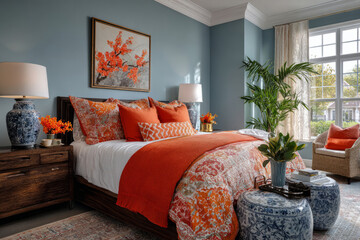 Colorful bedroom with abstract bedding, bold pillows and modern wall art
