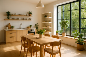 Modern kitchen dining area with plants and natural light