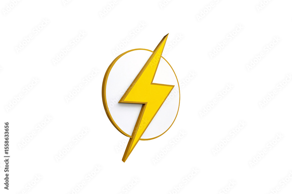 Poster three-dimensional yellow lightning bolt emerging from orange circle, dynamic perspective with depth,