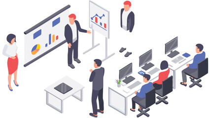 Isometric view of a business presentation with charts and graphs shown to a group of people in an office