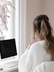 Woman working on computer in cozy home office, back view, indoor setting, light colors