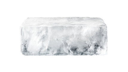 Single transparent ice cube with melting droplets isolated on white background
