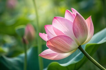 Graceful Pink Lotus Flower Illuminated by Morning Light  Nature Close Up