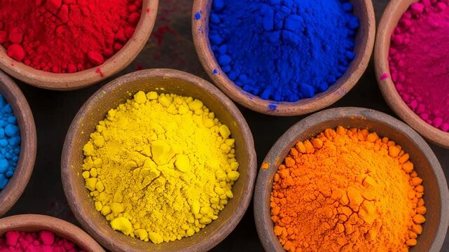 Colorful Holi powder in small bowls, vibrant hues of red, blue, yellow, and orange powder, ready for festival celebration. Powder is arranged in terracotta bowls, creating a festive mood