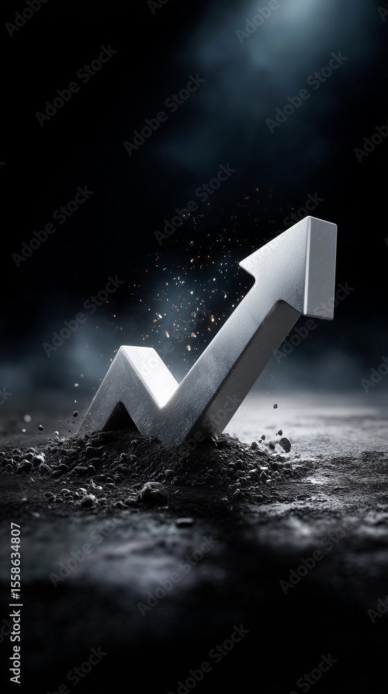 Aufkleber growth arrow rises from dark textured surface, surrounded by dust and particles. setting conveys str