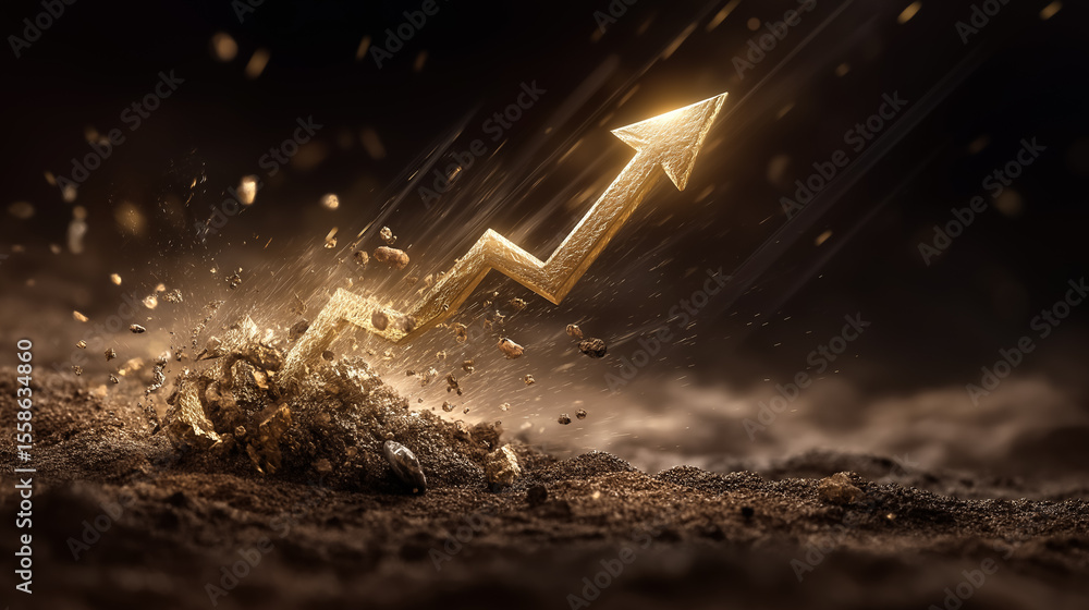 Poster golden upward arrow breaks through dark soil representing growth and progress. dynamic setting empha