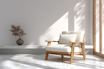 Cozy minimalist living room with wood accent chair and plant