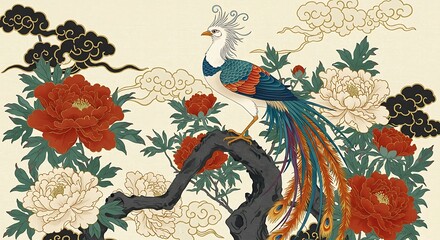 Obraz premium An exquisite oriental illustration depicting an imperial phoenix with vibrant plumage perched on a gnarled branch, surrounded by lush red and white peonies and traditional black and gold clouds.