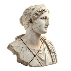 Obraz premium A single broken ancient Greek statue depicting a goddess or historical figure isolated on a transparent background png