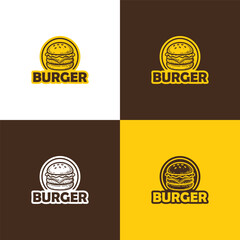 Burger Logo Retro Fast Food Badge with Vintage Cheeseburger Icon in Yellow and Brown