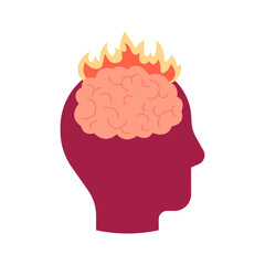 Brain with fire, head profile. Burnout on stress, brainstorm. Intense brain activity from overwork, tension, multitasking. Vector illustration