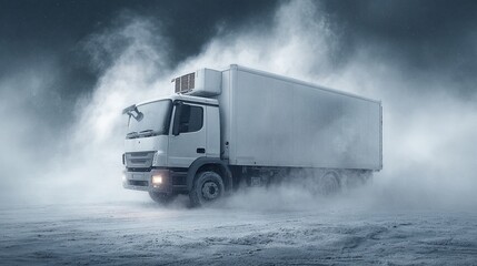 High-quality photo of refrigerated truck with cold vapor in snowy environment.