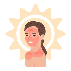 Woman with sunburn and red skin. Sun protection concept for summer safety. Skin care and health problems. Flat vector illustration
