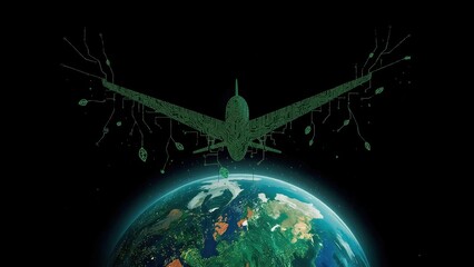 Green airplane. Ai singularity Electroculture Sustainable aviation Ethical Decentralized autonomous organization remoteID Anduril Aidash Marut drones Blacksky Earth background. Eco travel. Flight con