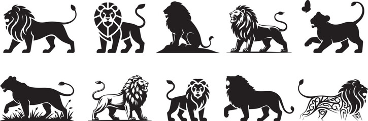 Obraz premium Set of lion animal black silhouette vector illustration icon set collections