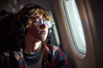 Teen listening to music on airplane