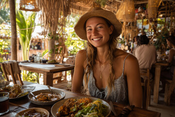 Smiling woman enjoying plant based lunch at tropical restaurant