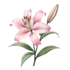 Naklejka premium Delicate Pink Lily Watercolor Botanical Flower Blossom Illustration isolated on a transparent background