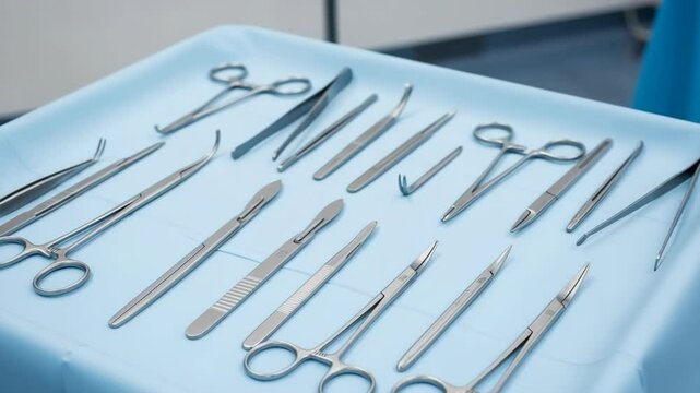Sterile surgical instruments arranged on tray. Surgical tools include scalpels, forceps, scissors, and retractors. Precise surgical equipment ready for operation.  High-quality image for medical video