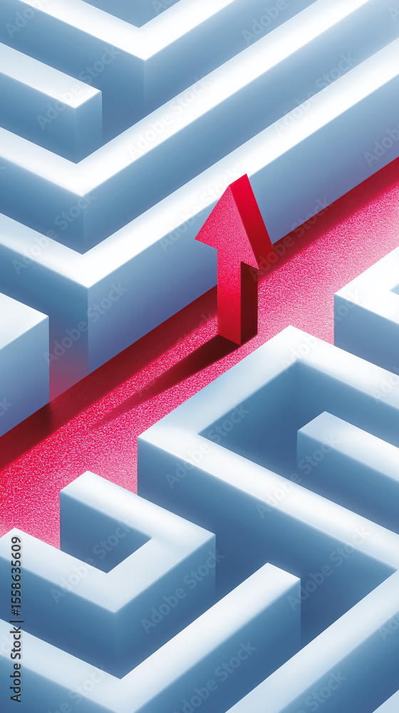 Poster red arrow highlights pathway through three-dimensional white maze structure. bright and engaging set