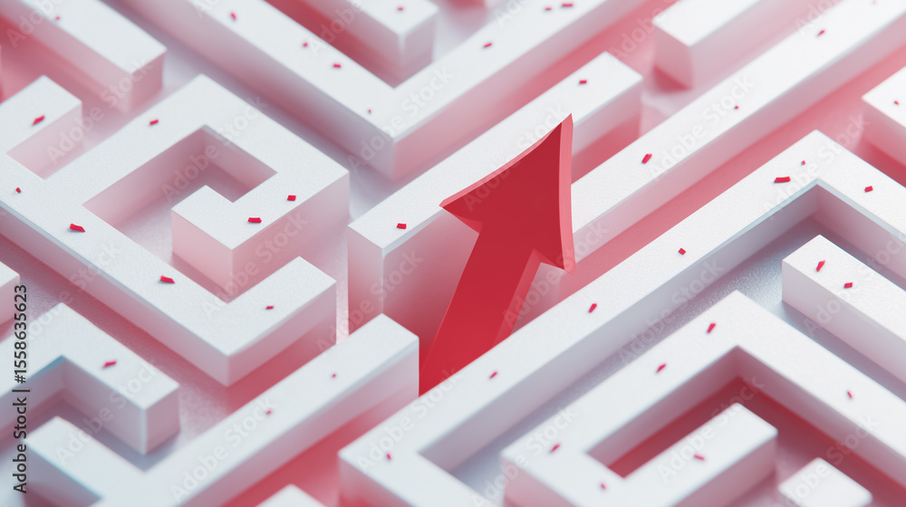 Poster arrow moves through complex white maze illustrating strategic navigation and problem-solving. clean,