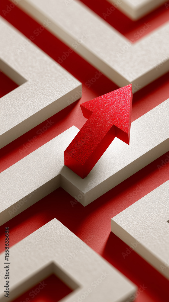 Poster red arrow moves through intricate white maze, showcasing direction and decision-making. dynamic sett
