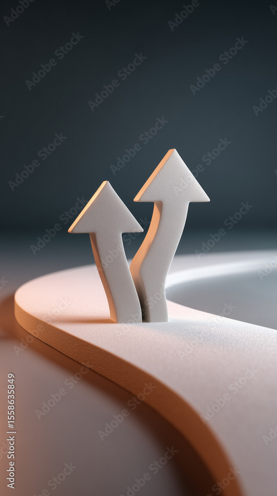 Poster two abstract arrows positioned on a curved path symbolize growth and direction in a minimalist artis