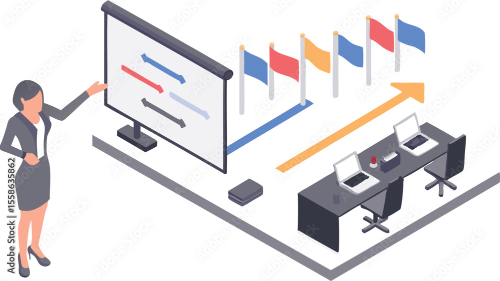 Poster isometric view of a woman presenting a chart with flags and desks in a modern office space view
