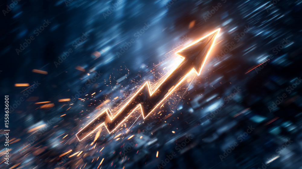 Poster bright arrow moves upward, representing growth and progress in a tech-driven environment. set agains