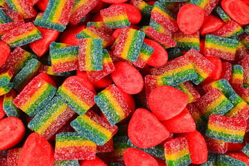 Assorted colorful gummy candies. Top view. Jelly  sweets.