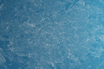 Map of the streets of Paris (France) made with white lines on blue paper. Rough background. 3d render, illustration