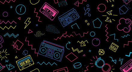 Retro 80s Neon Seamless Pattern Cassette Tapes, Boomboxes, and Geometric Shapes
