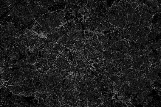 Fototapeta Stylized map of the streets of Paris (France) made with white lines on black background. Top view. 3d render, illustration