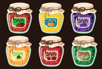 Vector set of jars with homemade fruit jam. Strawberry, blueberry, pineapple, cherry, apple jam, and kiwi fruit in glass containers with rustic lids.