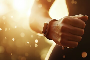 Close-up of fitness watch on runner's wrist, golden hour, active lifestyle, outdoor exercise