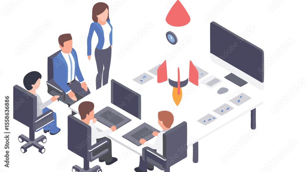Poster isometric view of a team meeting around a table with a rocket launch illustration present in the cen