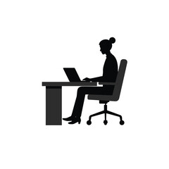 Black Silhouette Vector of Person Working on Laptop at Desk in Office or Remote Work Scene on White Background Full HD