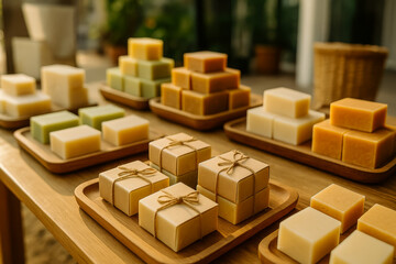 Assorted handcrafted soaps displayed on wooden trays at market