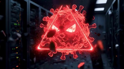Futuristic lab scene with a glowing virus symbol amidst shattered debris and server racks - Powered by Adobe