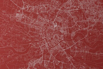 Fototapeta premium Map of the streets of Krakow (Poland) made with white lines on red background. Top view. 3d render, illustration