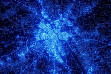 Street map of Warsaw (Poland) made with blue illumination and glow effect. Top view on roads network