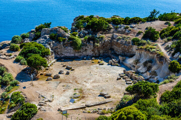 Ancient ruins of the Heraion of Perachora, a seaside archaeological site near Loutraki, Corinth,...