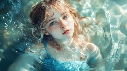 A girl, submerged in water, with ethereal beauty