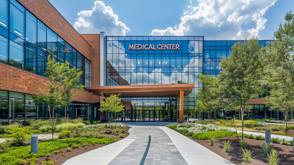 Modern medical center building with landscaped entrance and sidewalk