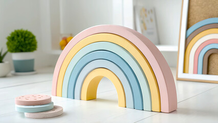  Wooden Montessori Rainbow Toy in Soft Pastel Tones on White Floor. The toy is arranged on a white floor with modern decor in the background, including small potted plants and a framed art piece. 