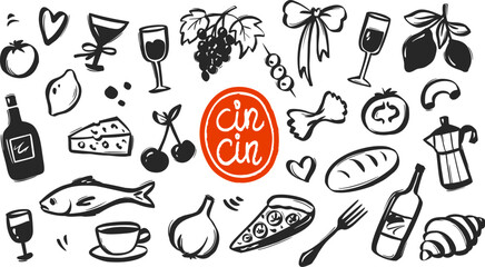 Whimsical Italian Food Doodle with Vintage Summer Vibe. Pasta on a Plate, Wine Bottle and Pizza Slices