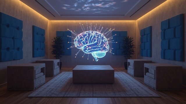 Modern room. Artificial intelligence Ai singularity mecool Deep learning interior design planner Logically NextMind Instinct Vergesense Digital brain. Blue neon. Futuristic Wooden furniture. Cozy amb